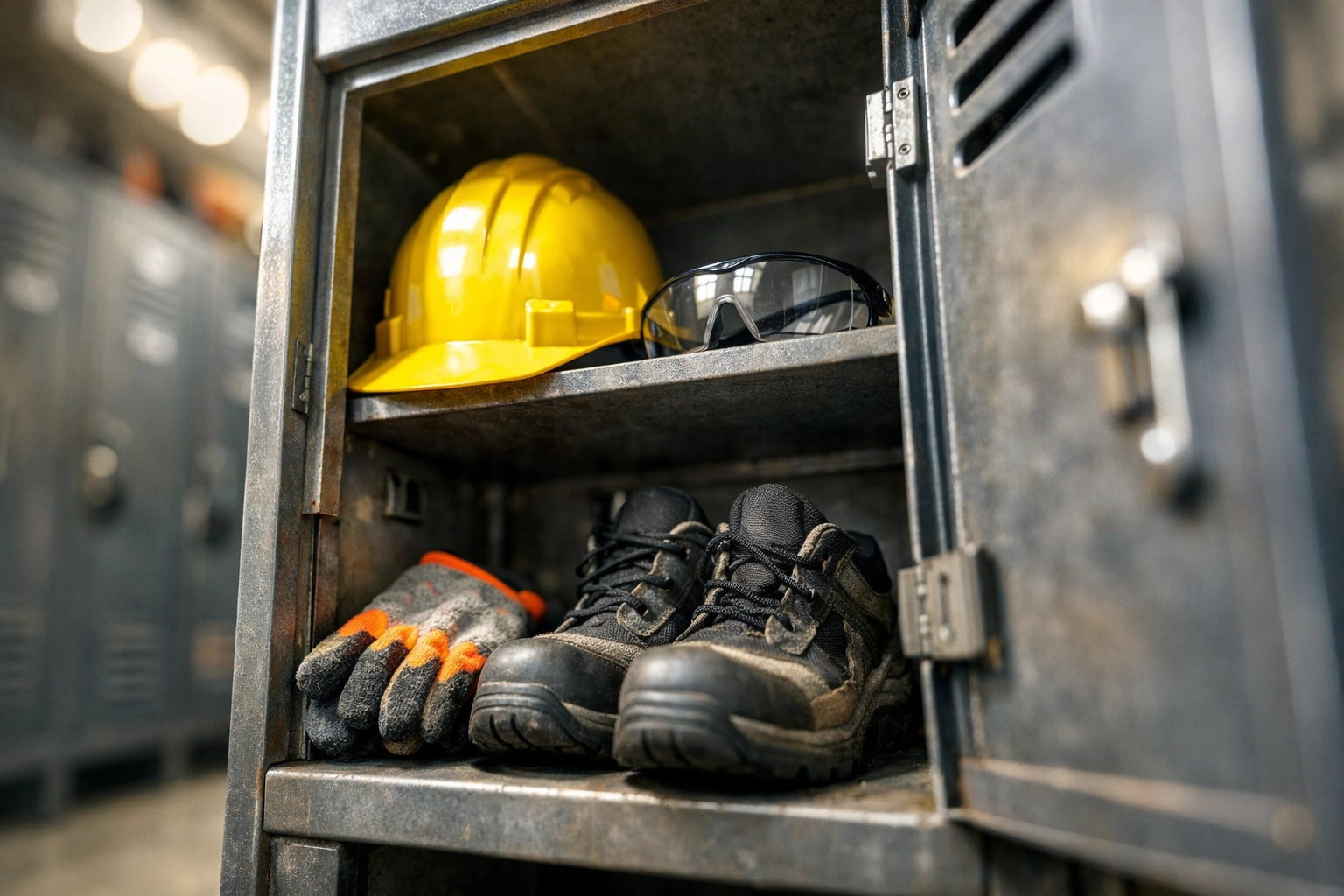 Casier métallique d'un salarié avec des EPI à l'intérieur : casque, gants, lunettes de protection, chaussures de sécurité